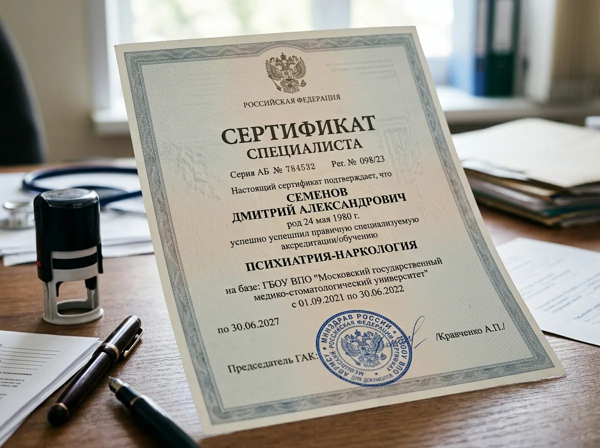 Сертификат специалиста психиатра-нарколога с государственной печатью, медицинский документ крупным планом